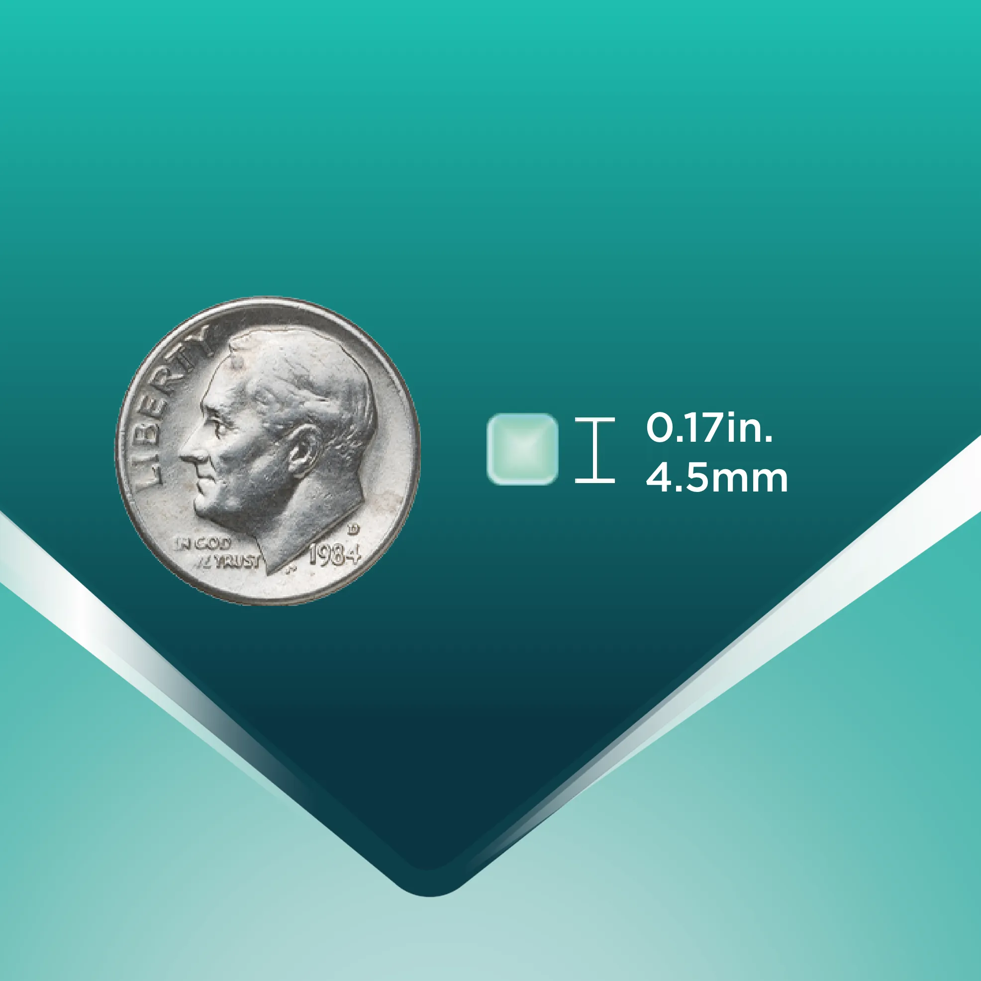 Pill size compared with dime.  Pill size 0.17 in, 4.5 mm.