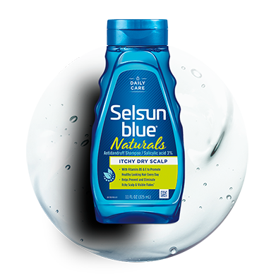 Picture of the product bottle over a circle of clear shampoo.