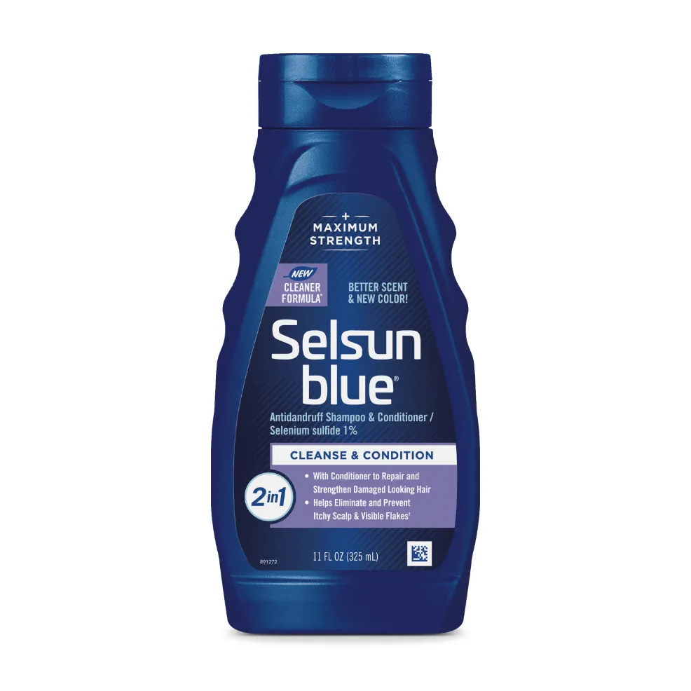 Packaging of Selsun blue® 2-in-1 Antidandruff Shampoo & Conditioner bottle and benefit statements.