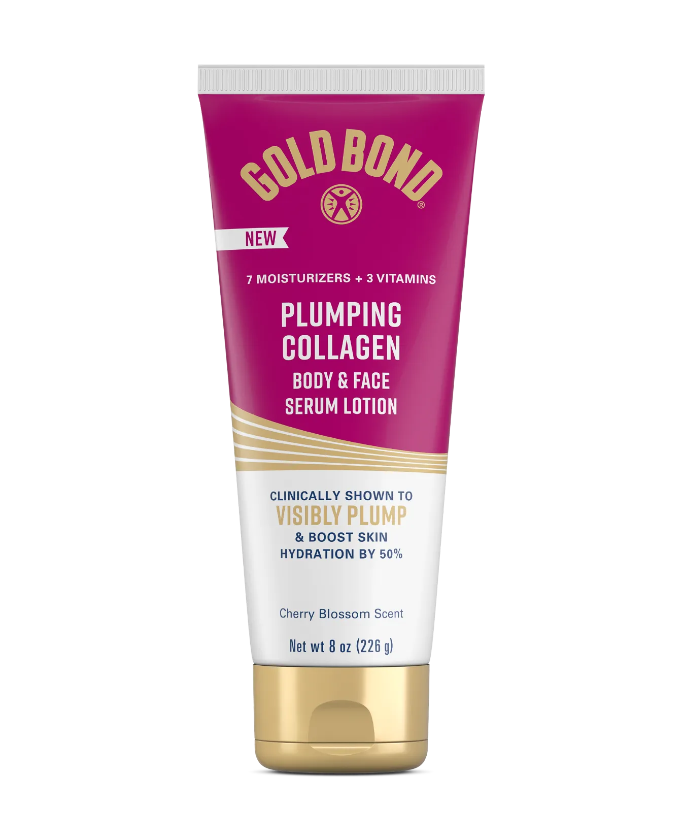 Gold Bond Plumping Collagen Lotion Body and Face Serum Lotion packaging and benefit statements.