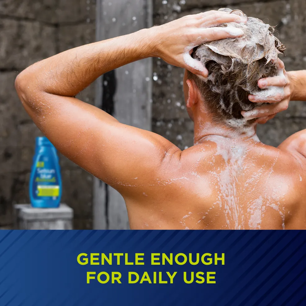 Packaging of Selsun blue® Naturals Itchy Dry Scalp Antidandruff Shampoo bottle and benefit statements.