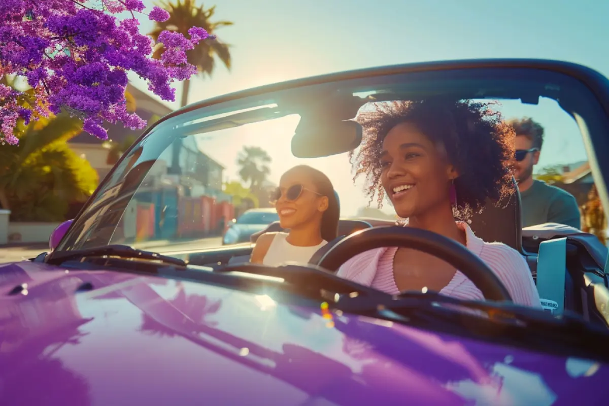 Three friends enjoying a carefree drive in a convertible, enjoying freedom from allergy symptoms