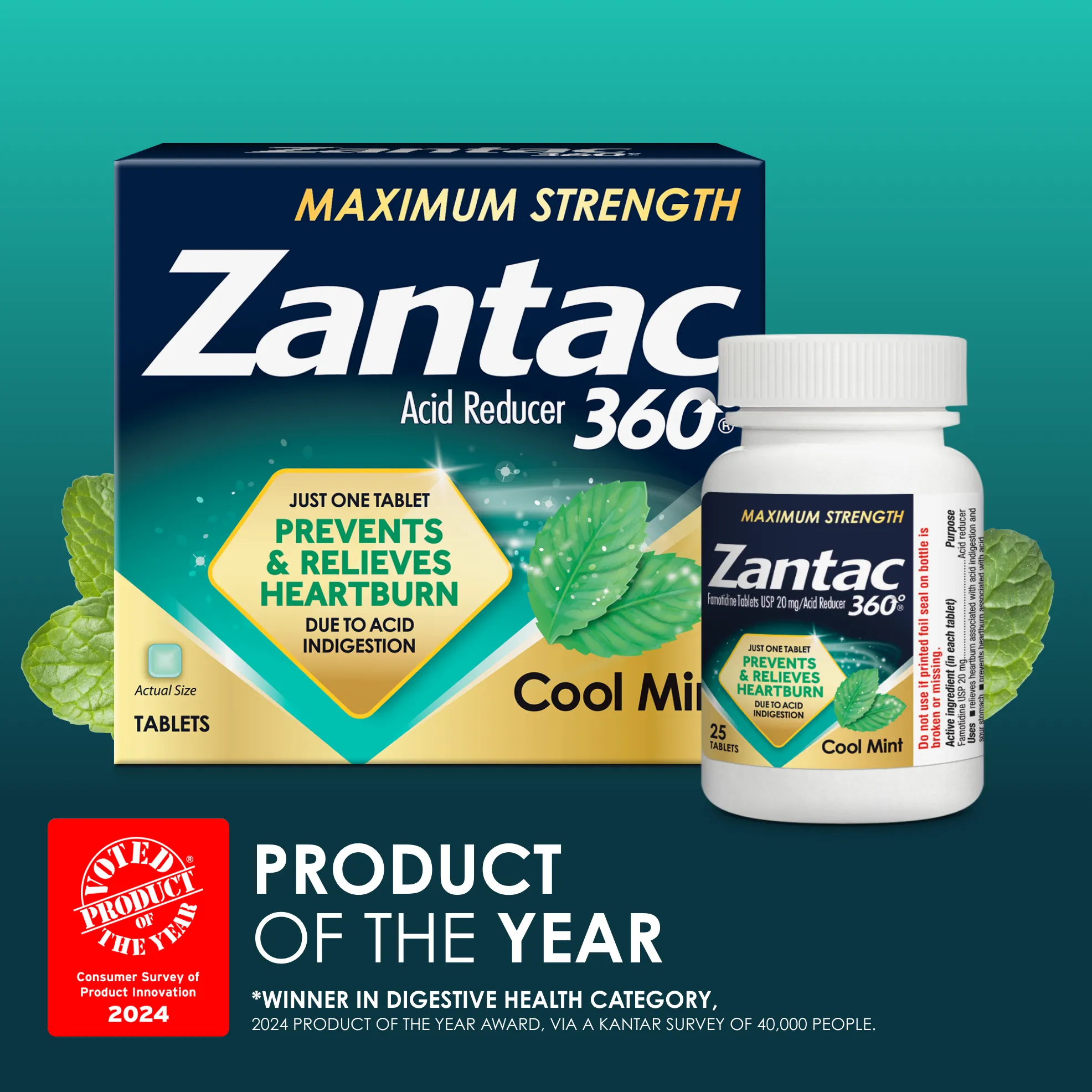 Zantac 360 Maximum Strength Cool Mint - Famotidine Tablets USP 20mg/Acid Reducer.