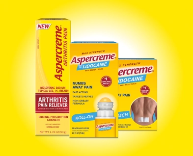 Aspercreme product lineup includes patch, roll-on and cream products