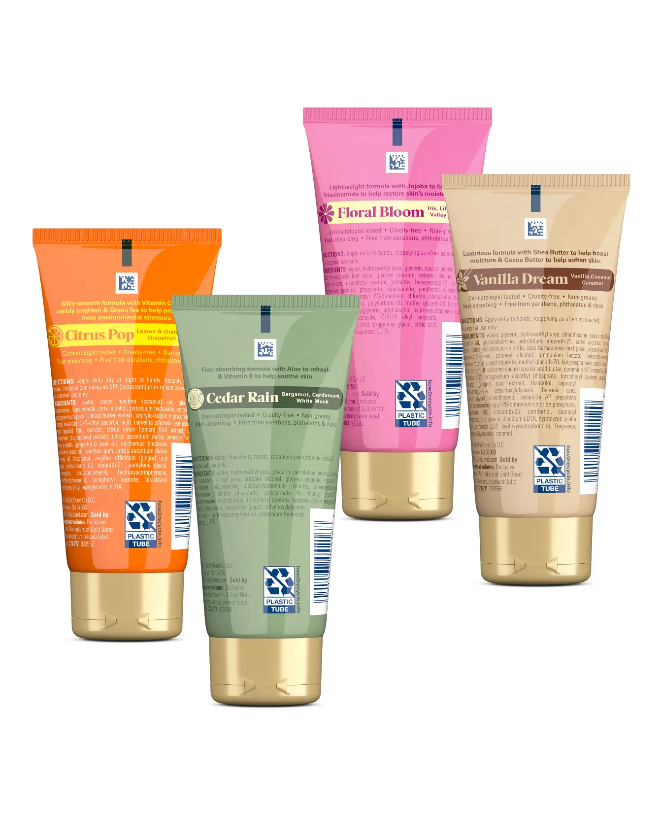 Gold Bond Scented Hand Creams packaging and benefit statements. Available in four amazing scents - Vanilla Dream Softening Hand Cream, Floral Bloom Hydrating Hand Cream, Citrus Pop Glowing Hand Cream and Cedar Rain Refreshing Hand Cream.