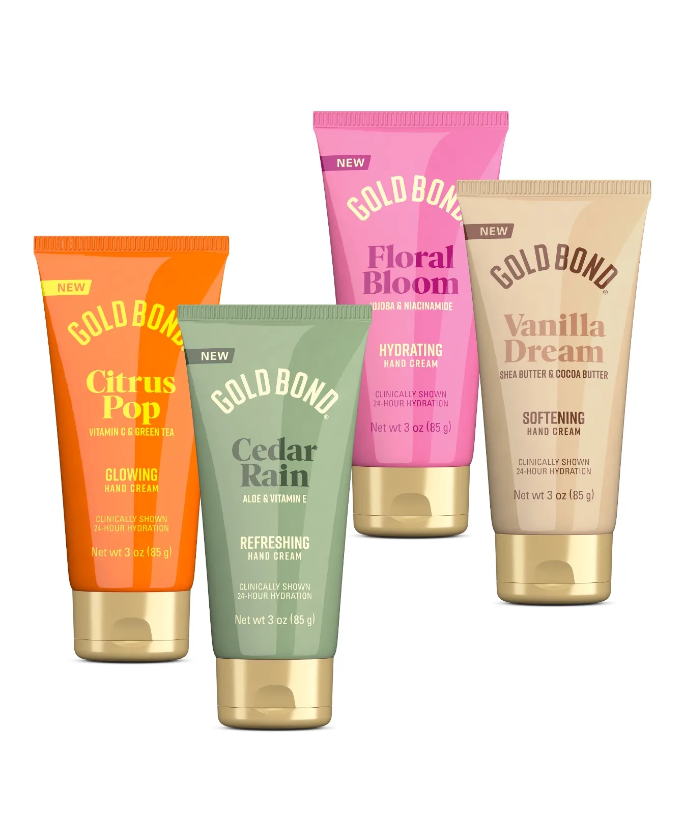 Gold Bond Scented Hand Creams packaging and benefit statements. Available in four amazing scents - Vanilla Dream Softening Hand Cream, Floral Bloom Hydrating Hand Cream, Citrus Pop Glowing Hand Cream and Cedar Rain Refreshing Hand Cream.