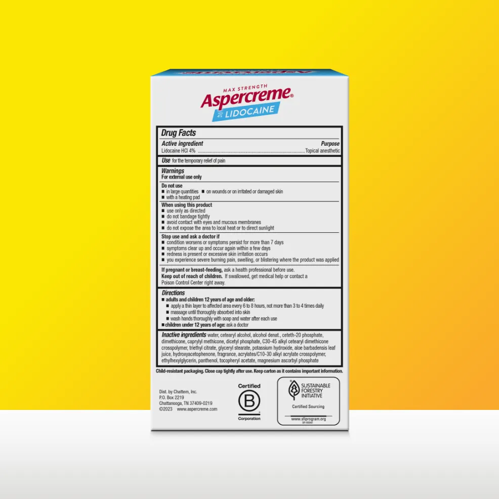 Aspercreme® Lidocaine Pain Relief Cream For Foot Pain products: front and back of product package, and front of the cream bottle
