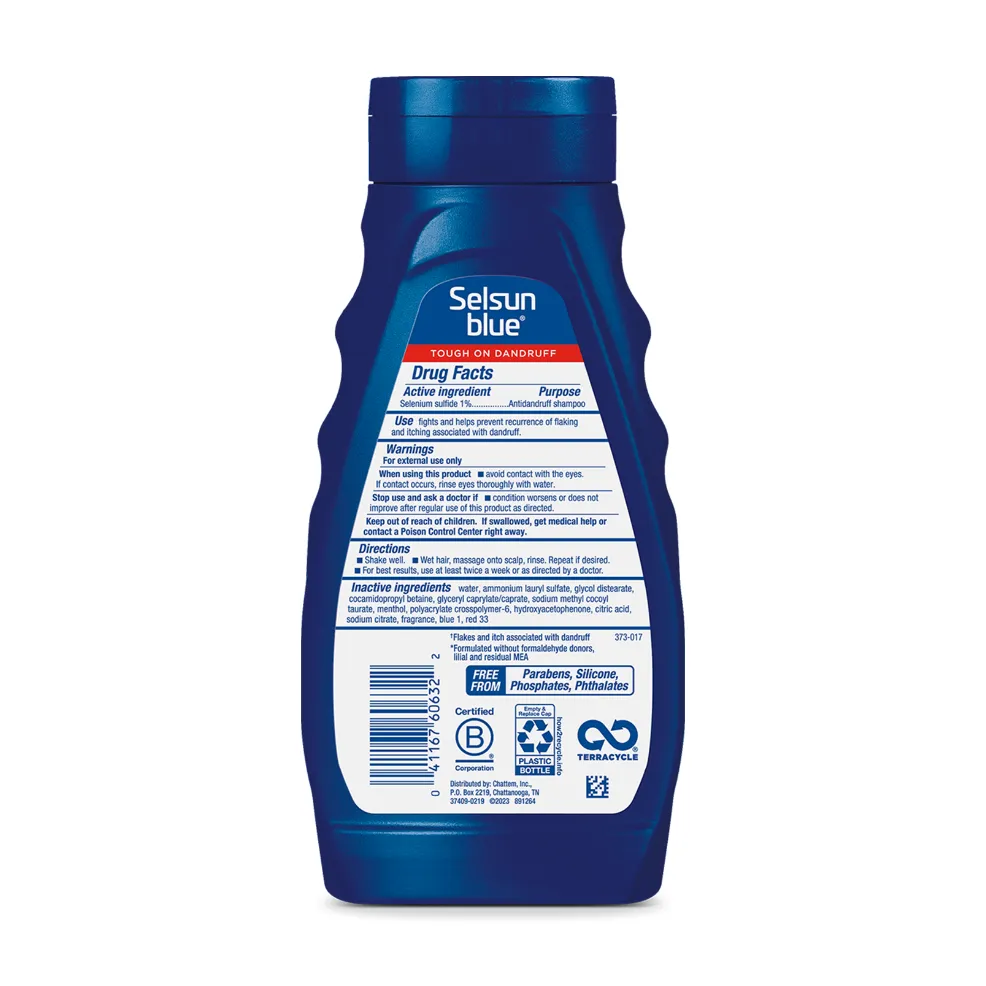 Packaging of Selsun blue® Medicated Antidandruff Shampoo bottle and benefit statements.